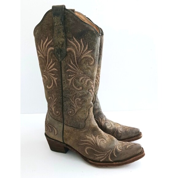 Corral Circle G Embroidered Western Boot Brown Crackle Distressed Leather 6.5M - Picture 4 of 11